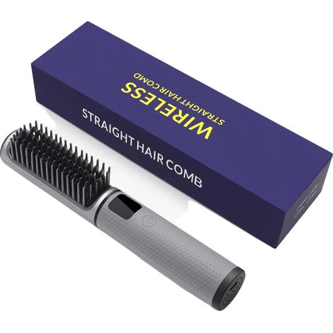 Peine alisador de cabello, inalámbrico, con tecnología de iones negativos, color gris. (1/2)