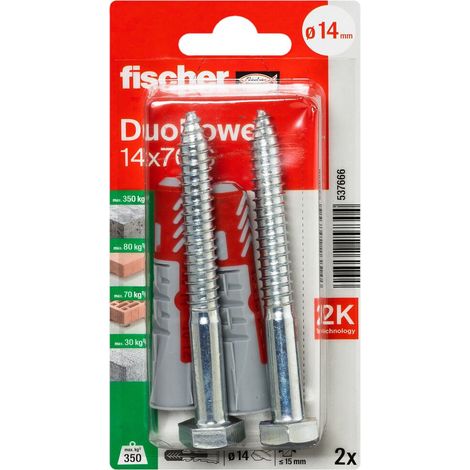 Fischer – Cheville DuoPower 14x70 S – Lot de 2 – Pour matériaux pleins et creux – Installation facile avec collerette étroite