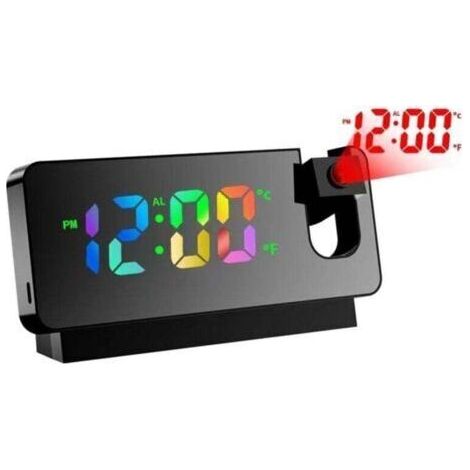 Réveil avec projection, réveil miroir, avec affichage de la température et grand écran LED, rotatif à 180°, alimenté par USB, avec projection de plafond, chambre à coucher (noir)