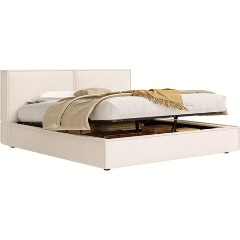 Lit coffre relevable 180 x 200 cm avec sommier, tête de lit rembourrée, lin beige HAVRYA (1/5)