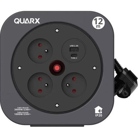 S-Box 12 m Haushaltskabeltrommel, 3 x 16A-Steckdosen + USB A und USB C QUARX