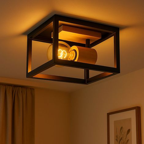 Deckenlampe Retro Holzleuchte Deckenleuchte schwarz Gestell Deckenstrahler verstellbar, Metall naturfarben 1x E27, HxLxB 14,5x22x22 cm