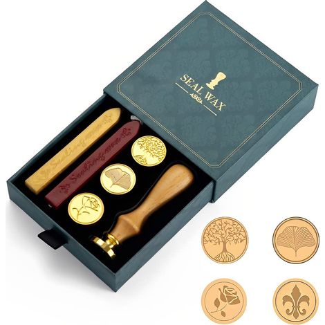 Coffret cadeau avec ensemble de sceaux de cire, ensemble de sceaux de cire, 4 sceaux en cuivre + 1 manche en bois + 2 bâtonnets de vernis coloré, ensemble de sceaux de cire (1/5)