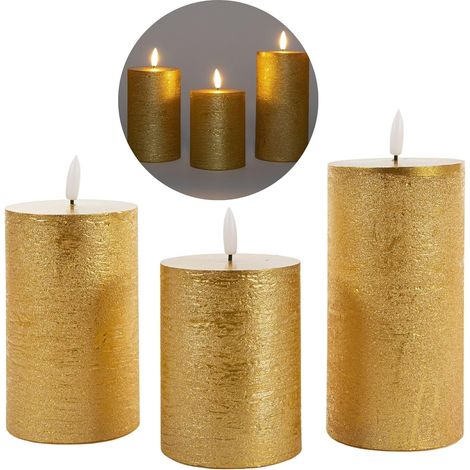 Lot de 3 bougies LED, 7,5 cm de diamètre, bougie à flamme vacillante avec télécommande, OR, 15 cm + 12,5 cm + 10 cm de hauteur, bougies LED avec