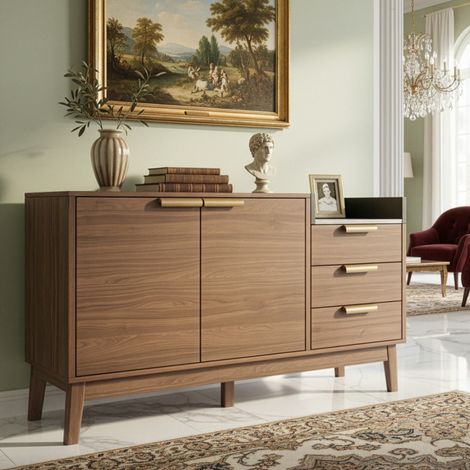 Commode en MDF décor chêne foncé avec plateau effet marbre, 120 x 40 x 77 cm, 3 tiroirs et 2 portes avec tablette réglable (1/5)