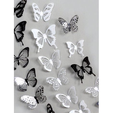 18 Autocollants Muraux 3D Réalistes en Papillon Noir et Blanc, Décoration Créative Amovible et Imperméable pour Mur, Salon et Chambre (1/5)