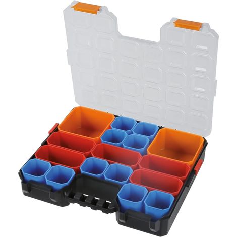 Coffret de rangement avec 17 plateaux amovibles pour petites pièces, couvercle anti-déversement robuste et dimensions 310x255 mm (1/2)