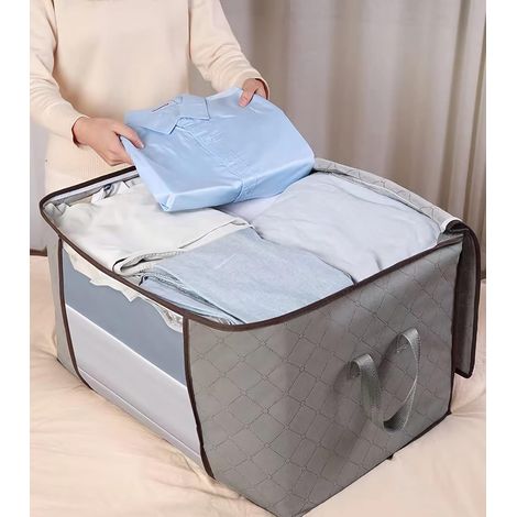 Organiseur de couette pliable pour couvertures, oreillers, couettes Fermeture éclair robuste, poignées renforcées, fenêtre transparente, gris