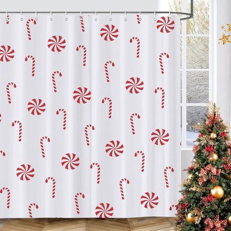 Cortina de ducha navideña con adornos navideños de 72x72 pulgadas，Decoración festiva para el baño en Navidad，Poliéster impermeable con 12 ganchos (1/5)