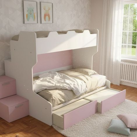 Letto a castello con gradini a cassetti e passerella - Una piazza e mezza e singola - bianco e cipria