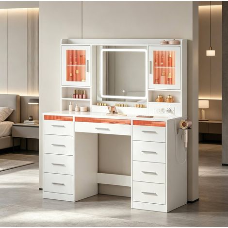 Tocador in legno ingegnerizzato e vetro bianco con specchio LED e cassetti (1/5)