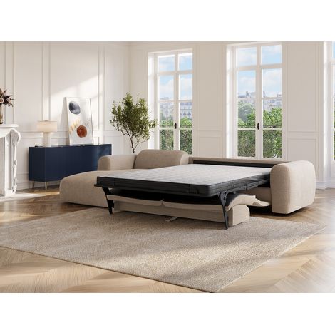 Grand canapé d'angle gauche convertible express en velours côtelé fines côtes beige - Matelas 13 cm mémoire de forme POGNI (1/4)