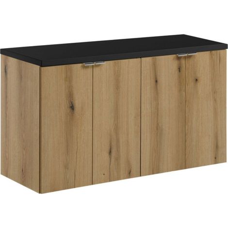 Set bagno sospeso VANO in rovere e nero 100cm: mobile sottolavabo con armadietti + piano per lavabo