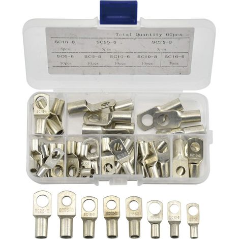 Cosses à sertir(lot de 60), cosses pour câbles électriques, en cuivre étamé, avec trou de boulon, connecteurs à sertir/souder pour câbles de 6 m, 8 m, 10 m, 16 m et 25 m. (1/5)