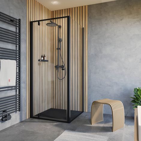 Porte de douche pivotante, verre 6 mm transparent, profilé noir, Trend 2.0 Schulte, avec paroi latérale 80 x 80 x 200 cm