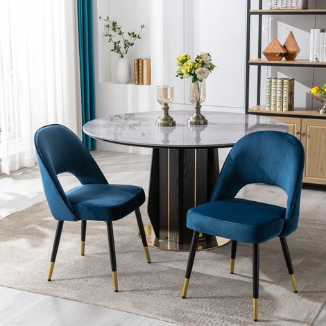 Wahson 2er Set Esszimmerstühlen, für Küche Wohnzimme aus Samt, Modern Hohler Rückenmit Metallbeinen, Blau