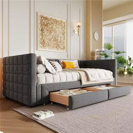 Cama infantil 90/180x200 cm sofá cama cuadrado con respaldo, cama extensible, 2 cajones, color gris(Sin colchón) (1/5)