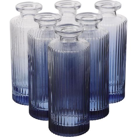 Lot de 6 Flacons Diffuseurs en Verre Vintage Bleu Dégradé à Rayures Romaines Mini-Vases Décoratifs Transparents Flacons Vides pour Huiles Essentielles et Parfum D’Ambiance (1/5)