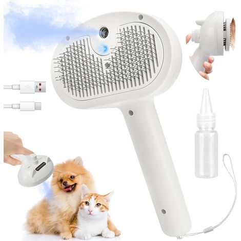 Cepillo de vapor 3 en 1 para mascotas: aseo suave, desenredado eficaz, autolimpiante, antiestático y anti-pelo volador para gatos y perros pequeños. (1/4)