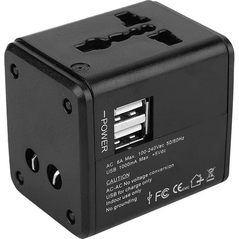 Adaptateur de Voyage Universel dans Le Monde Entier, Adaptateur de Voyage International Double USB Multifonction AC 110250 V 6A (Noir) (1/5)