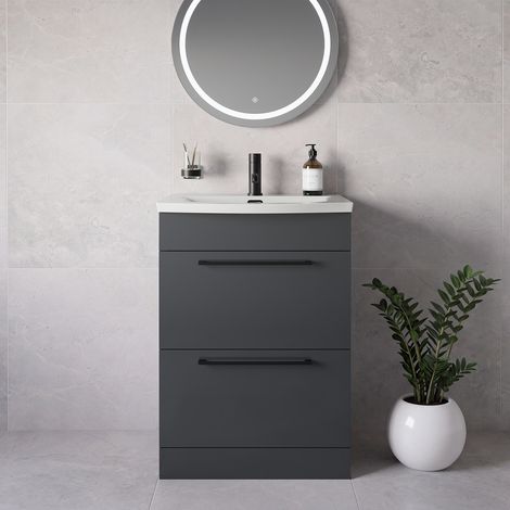 Napoli 390 Gloss Grey 600mm 2 Drawer Vanity Unit with Arc Basin - 600mm - Matt Black 320mm Handle