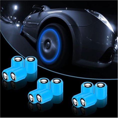 Lot de 12 Bouchons Valve Pneu Voiture, Universel Crâne Couvercle De Tige De Valve Fluorescent, Lumineux De Tige Accessoires De Décoration pour Voiture, Camion, SUV, Motos (Bleu) (1/5)