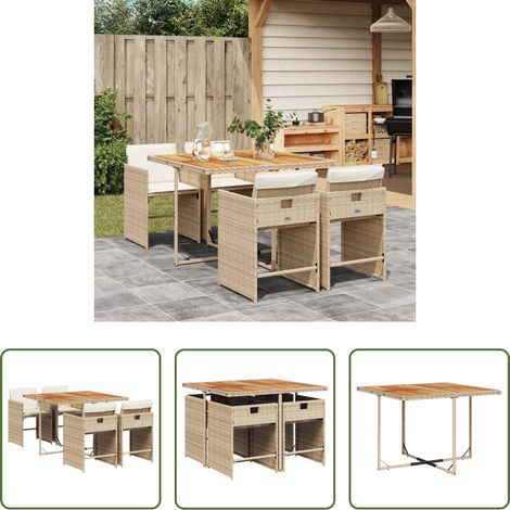 Chaises de jardin - Ensemble à manger de jardin avec coussins 5pcs Beige poly rotin (1/5)