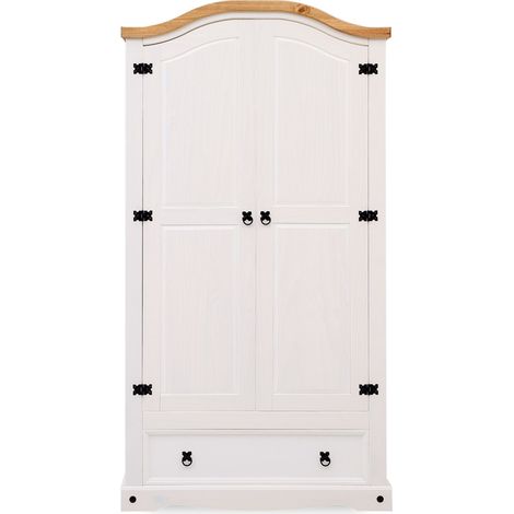 Idimex – Armoire en pin massif blanche et naturelle – 2 portes battantes – 1 tiroir – Dimensions 190 x 100 x 51 cm – Style cottage (1/4)