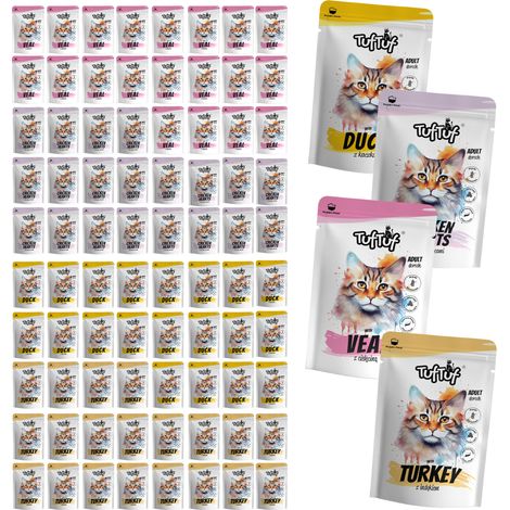 Aliment humide pour chat TufTuf, mélange de saveurs, sachets de 80 x 100 g à la viande (1/5)