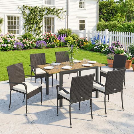 Conjunto de Mesa y Sillas Jardín de Ratán 7 Piezas con Mesa Extensible con Tablero Madera y 6 Sillas Apilables Cojines (1/5)
