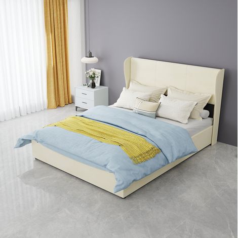 Letto moderno imbottito in tessuto beige 140x200 cm con testiera confortevole (1/5)