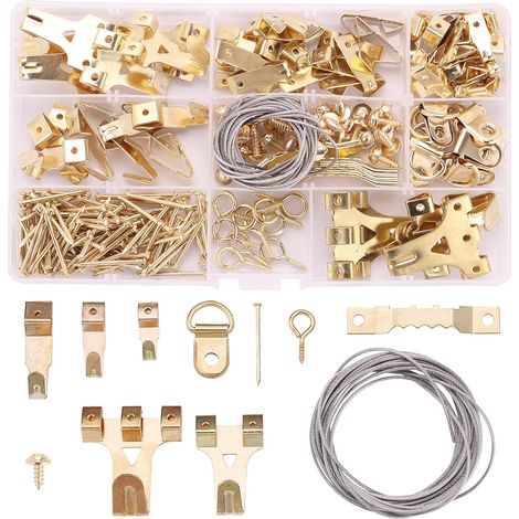 AIDUCHO 220PCS Crochets pour tableau Ensemble de cintres assortis avec crochets en acier, crochets en dents de scie, anneau en D, fil d'acier, clous, vis (1/5)