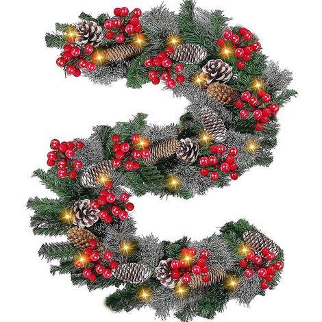 Guirnalda navideña de 2,74 m x 25,4 cm con 100 LED, funciona con pilas, temporizador, 8 modos, guirnalda navideña preiluminada de pino verde para exteriores, repisa de chimenea. (1/5)