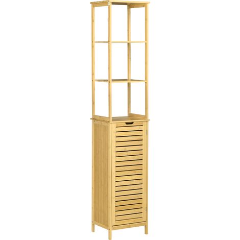Mueble de baño de bambú 34 x 30 x 173 cm con 3 baldas abiertas y 1 armario (1/5)