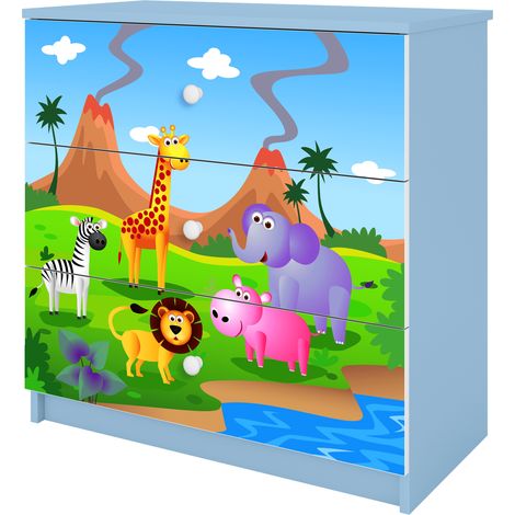 Babydreams Commode enfant 81 cm avec 3 tiroirs motif safari bleu