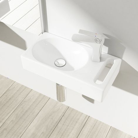 Durovin Bathrooms Compact Ceramic Sink - Wall Hung Mount - Rectangular Cloakroom Hand Washing Basin - One Right Hand Tap Hole With Towel Rail (1/5)