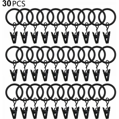 30 Gardinenringe mit Clips, stabile Gardinenclips, Haken an der Spannstangenhalterung, Metallösen mit Innendurchmesser, dekorative Gardinenaufhänger, schwarz (1/4)