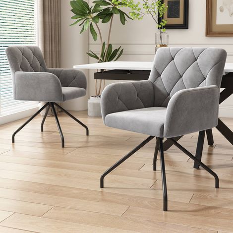 Lot de 2 fauteuils de salle à manger en velours gris clair, dossier motif losange, accoudoirs rembourrés, 4 pieds en métal (1/5)