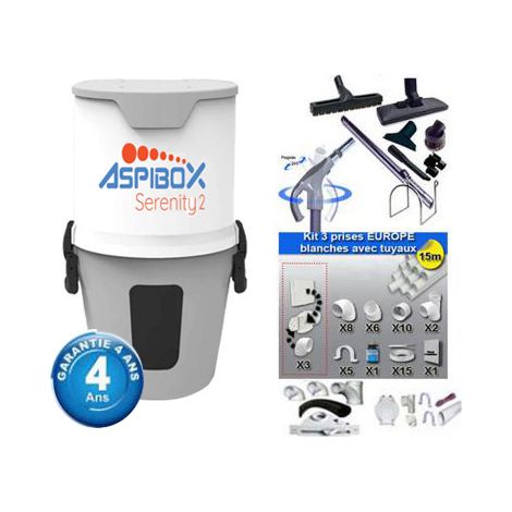 Centrale d'aspiration hybride Aspibox Serenity2 garantie 4 ans (jusqu’à 300 m²) + Set inter 9 M + 8 accessoires + kit 3 prises + kit prise balai + kit prise garage (1/5)