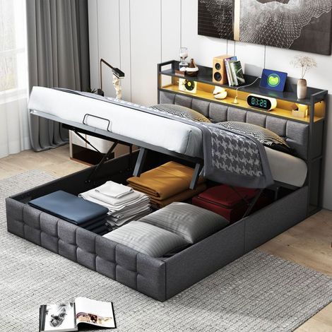 Cama litera - 160x200 - Cabecera tapizada LED y USB - Recubrimiento de lino gris - Almacenamiento hidráulico (1/5)