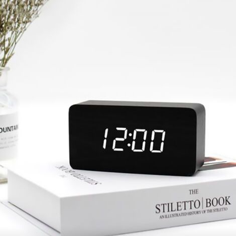 Numérique Réveil Bois Réglable Luminosité Contrôle Vocal LED Horloge Rectangle Affichage Temps Température Décor À La Maison-Enlé (1/3)