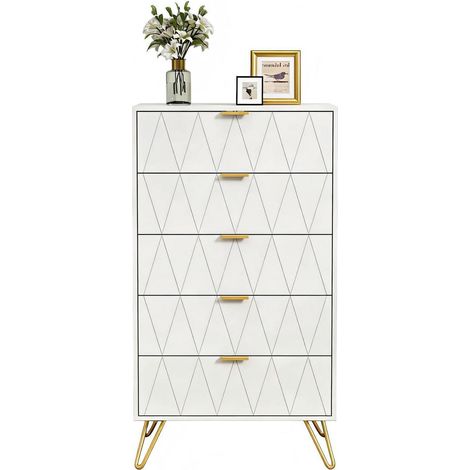 Commode 5 tiroirs 60x34x110cm blanc design moderne pour salon chambre couloir (1/5)