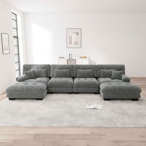 Canapé modulable - SOGEU - 406x145x81 cm (4 places) - Tissu chenille gris - Modulable U/L - Ottomans mobiles (1/5)