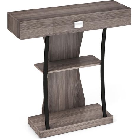 Montage simple table console grise avec tiroir et étagères 2 niveaux, rangement pour entrée ou salon (1/5)