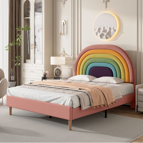 Lit rembourré 140x200 cm en velours rose avec tête de lit réglable et sommier à lattes (1/5)