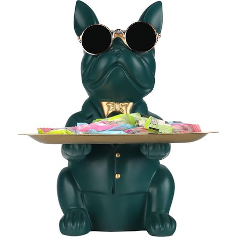 Statue de Rangement Bouledogue Vert en Résine, Tirelire, Plateau pour Clés, Bonbons, Décoration Maison, Petit Objet (1/5)