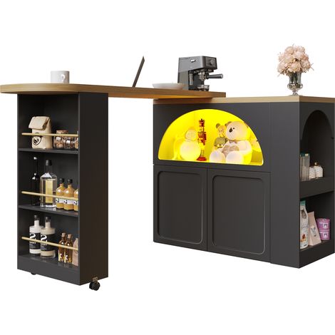 Table de bar extensible 135-205 cm, îlot de cuisine avec rangement, mange-debout noir moderne avec LED et roulettes (1/5)