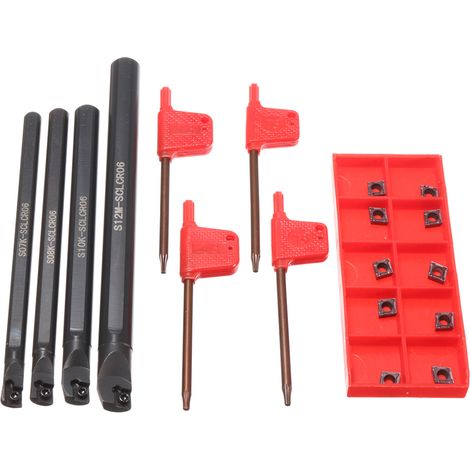 Kit d'outil de tournage pour tour metal 4 barres d'alésage S07K/S08K/S10K/S12M-SCLCR06 10 plaquettes carbure CCMT060204 4 clés à molette pour usinage de petits trous