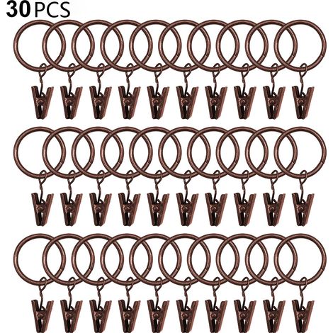 Lot de 30 anneaux de rideaux avec pinces, crochets et pinces robustes pour tringle à rideaux, œillets métalliques de diamètre intérieur, supports décoratifs pour rideaux et fenêtres.