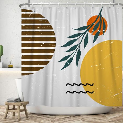 180x200cm Rideau de Douche Abstrait Aquarelle Feuille de Palmier Orange Soleil Rideau de Salle de Bain rétro Rideaux de Douche du Milieu du siècle Rideau de Baignoire étanche avec Crochet (1/5)